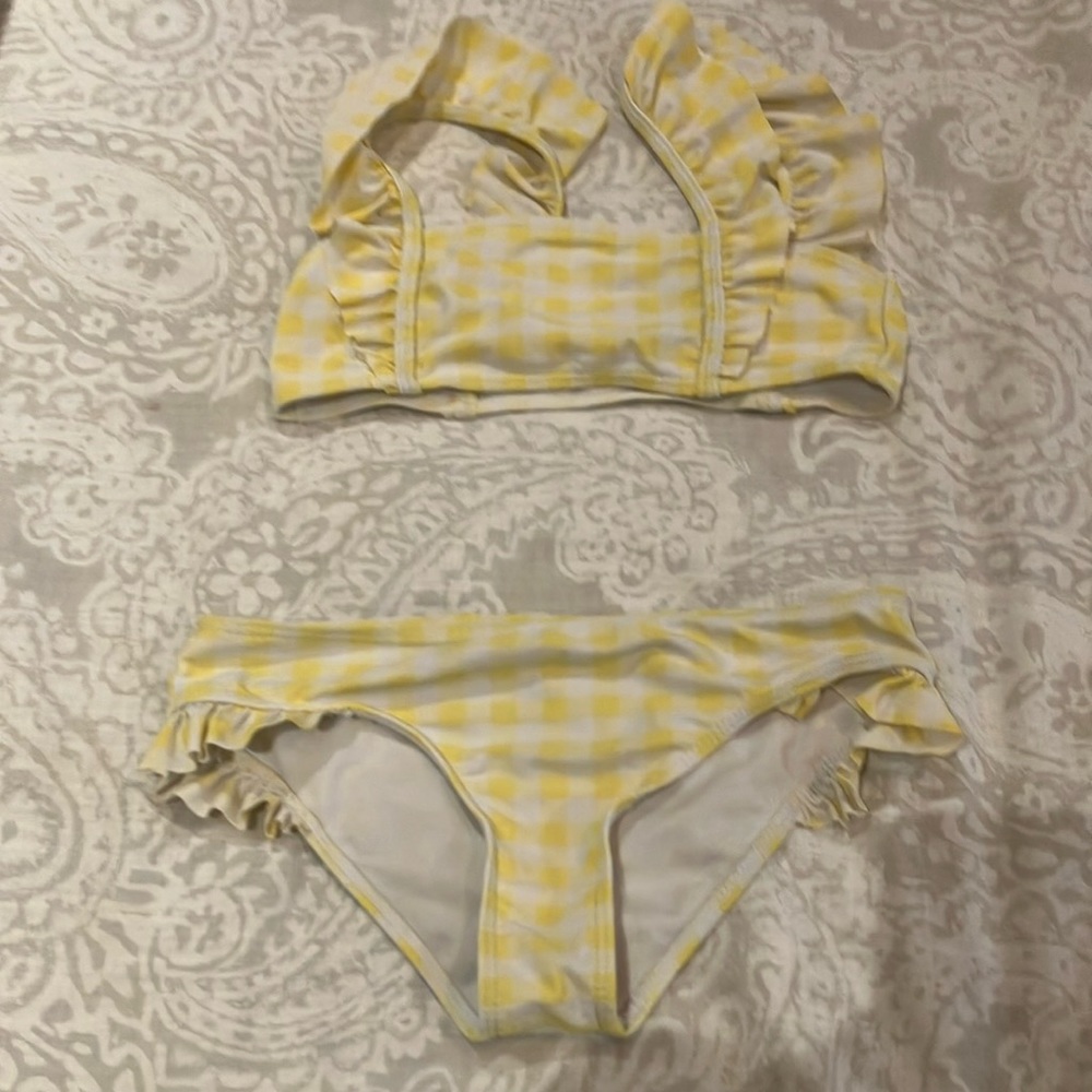 Cute yellow ,checkered, bathing suit.